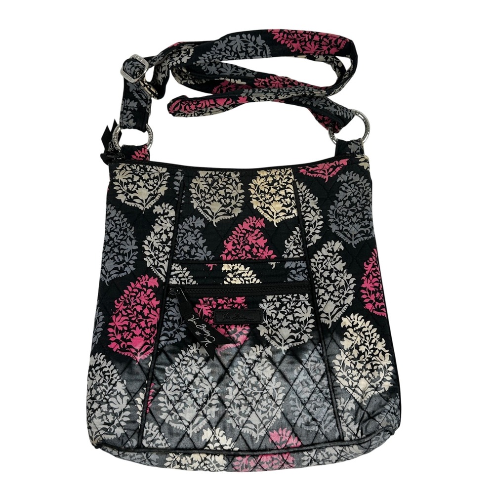 Vera Bradley Crossbody Bag Purse Quilted Black Pink Gray Floral Shoulder Bag